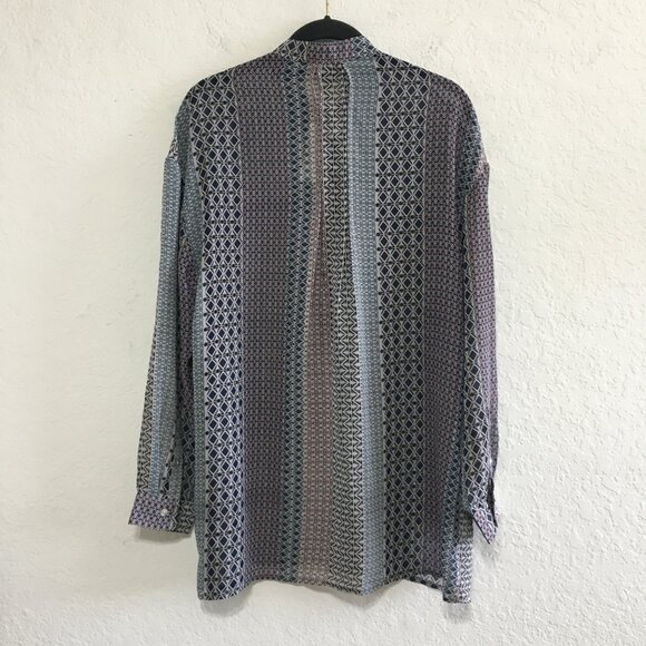 Ro & De Tunic NWT Sheer Band Collar 1/2 Button Down Blouse Gray Navy Blue - Picture 6 of 13